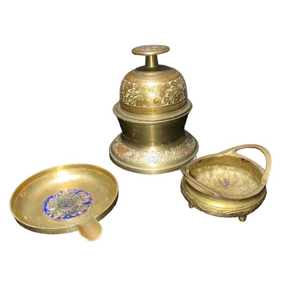 Brass Decorative Incense Bowl Ashtray & Bell Stand - Picture 1 of 16